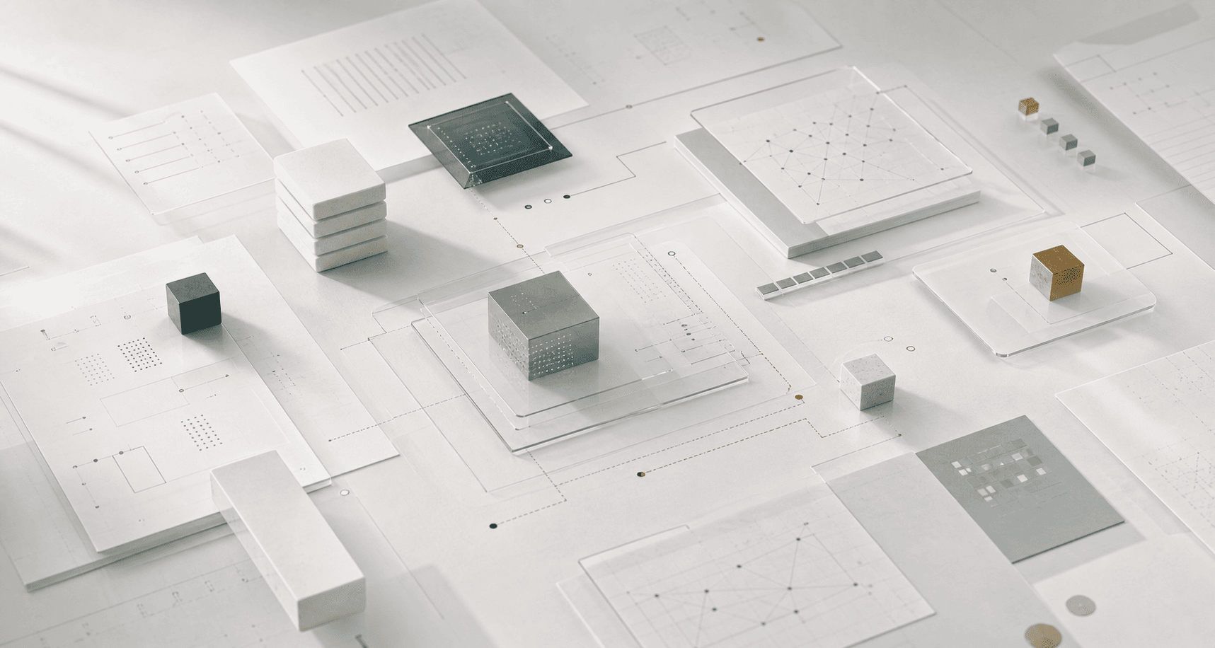 Abstract modular AI system map with layered materials and subtle workflow traces.